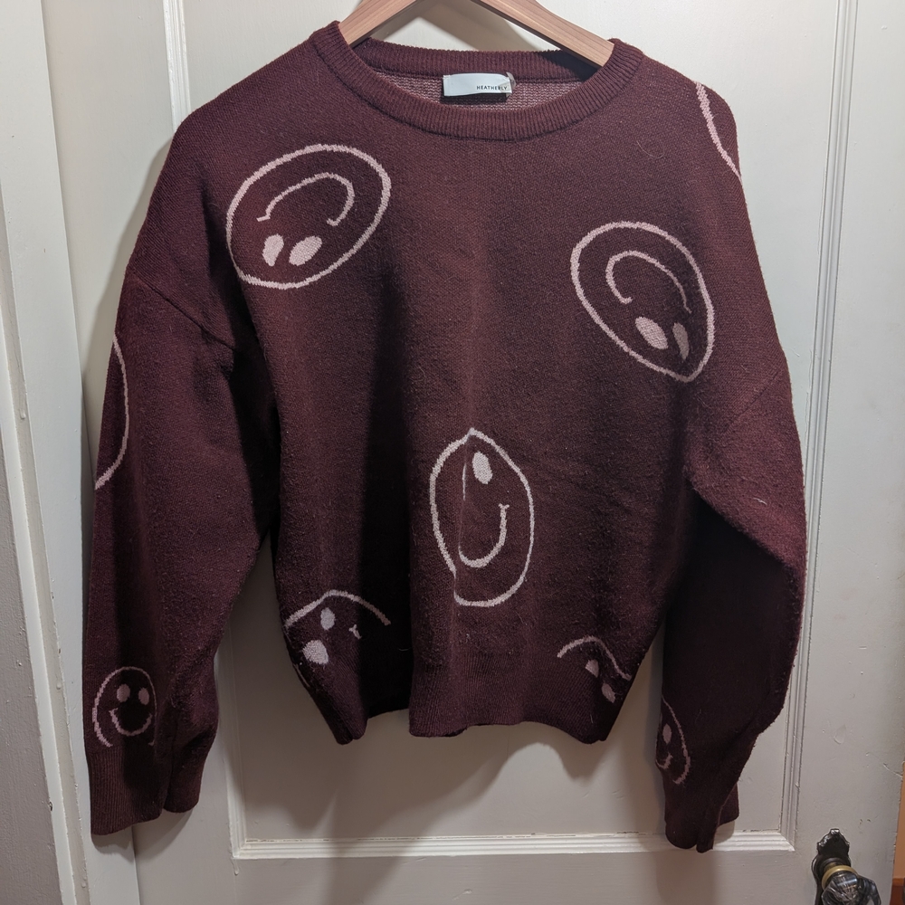 Smiley Face Patterned Sweater - Burgundy